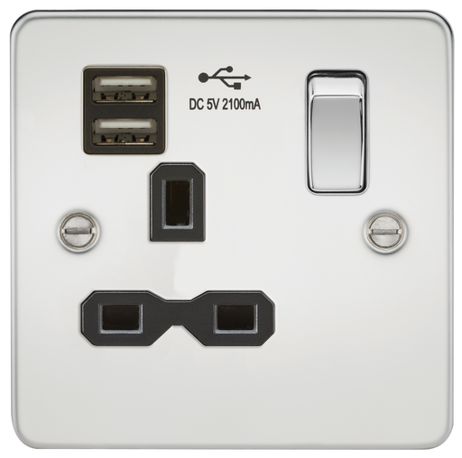 Knightsbridge FPR9901PC Flat plate 13A 1G switched socket with dual USB charger - polished chrome with black insert USB Sockets Knightsbridge - Sparks Warehouse
