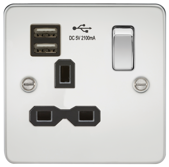 Knightsbridge FPR9901PC Flat plate 13A 1G switched socket with dual USB charger - polished chrome with black insert USB Sockets Knightsbridge - Sparks Warehouse