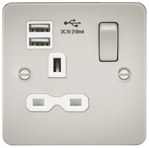 Knightsbridge FPR9901PLW Flat Plate 13A 1G Switched Socket With Dual USB Charger - Pearl With White Insert Socket - With USB Knightsbridge - Sparks Warehouse