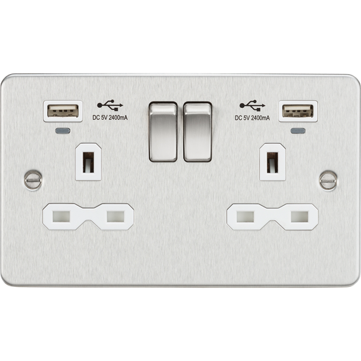 Knightsbridge FPR9904NBCW Flat Plate 13A Smart 2G switched socket with USB chargers (2.4A) - Brushed Chrome with white insert ML Knightsbridge - Sparks Warehouse