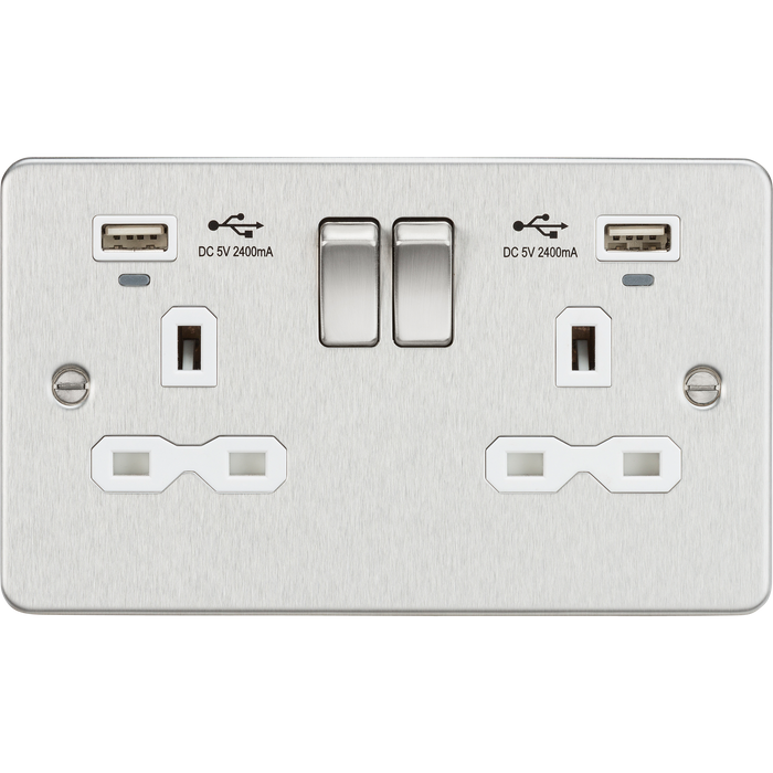 Knightsbridge FPR9904NBCW Flat Plate 13A Smart 2G switched socket with USB chargers (2.4A) - Brushed Chrome with white insert ML Knightsbridge - Sparks Warehouse