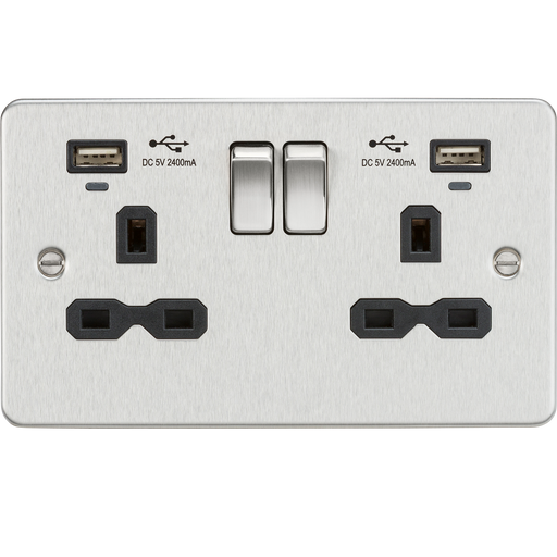 Knightsbridge FPR9904NBC Flat plate 13A Smart 2G switched socket with dual USB charger 2.4A - Brushed Chrome with blk insert Socket - With USB Knightsbridge - Sparks Warehouse