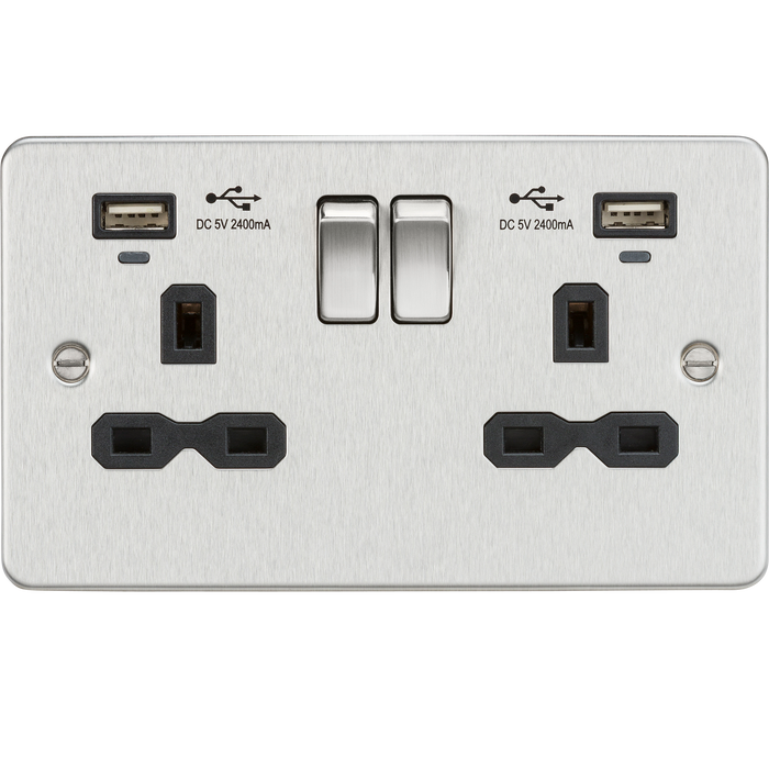 Knightsbridge FPR9904NBC Flat plate 13A Smart 2G switched socket with dual USB charger 2.4A - Brushed Chrome with blk insert Socket - With USB Knightsbridge - Sparks Warehouse