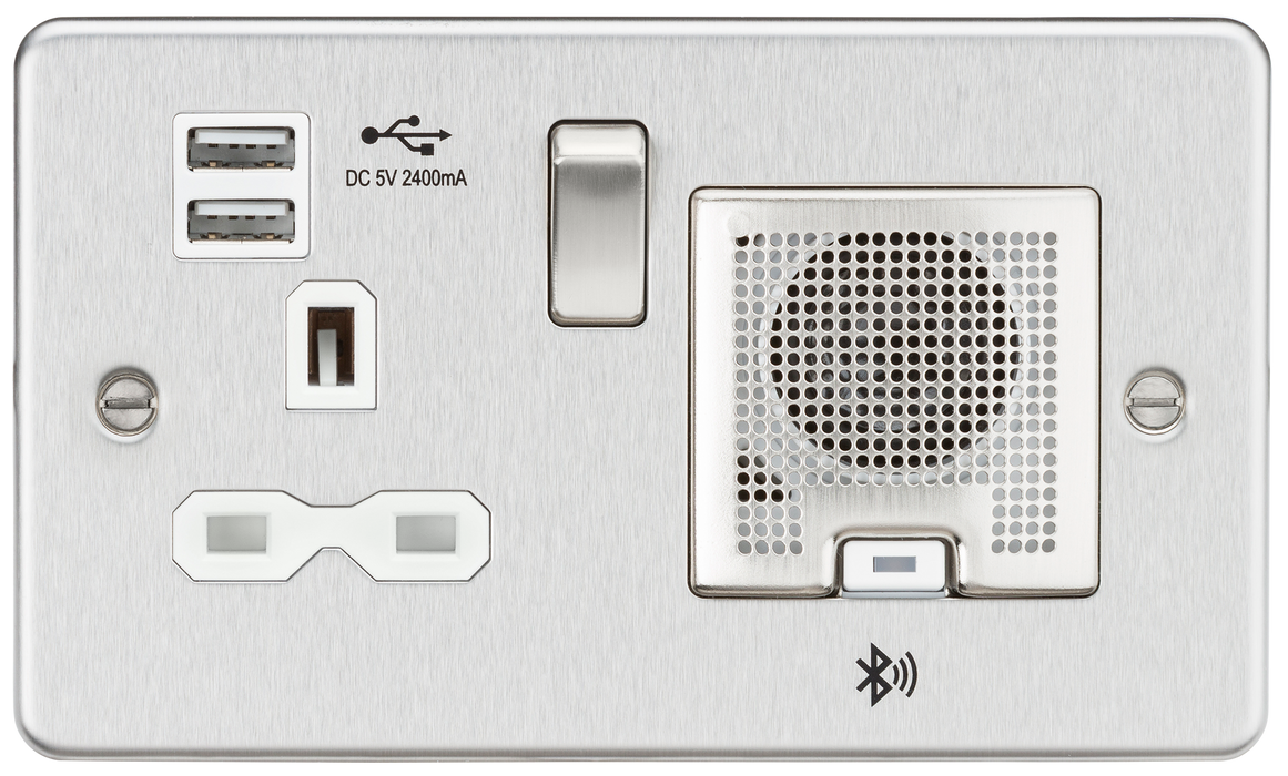 Knightsbridge FPR9905BCW - 13A socket, USB chargers (2.4A) and Bluetooth Speaker - Brushed Chrome Socket - With USB Knightsbridge - Sparks Warehouse