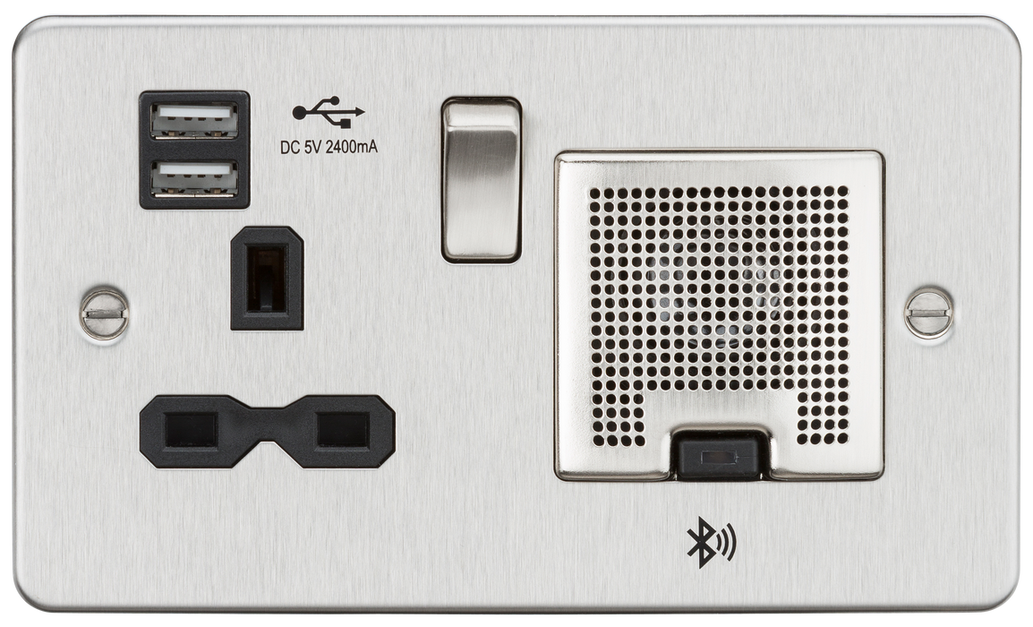 Knightsbridge FPR9905BC - 13A socket, USB chargers (2.4A) and Bluetooth Speaker - Brushed Chrome Socket - With USB Knightsbridge - Sparks Warehouse