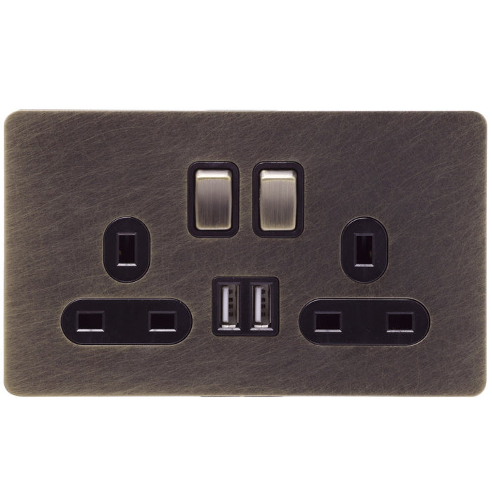 Screwless Antique Brass Socket - 2 Gang with Dual USB Charging Ports - The Georgian Caradok - Georgian - Antique Brass Caradok - Sparks Warehouse