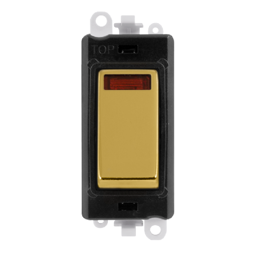 Scolmore GM2018NBKBR -  20AX Double Pole Switch With Neon Module - Black - Polished Brass GridPro Scolmore - Sparks Warehouse