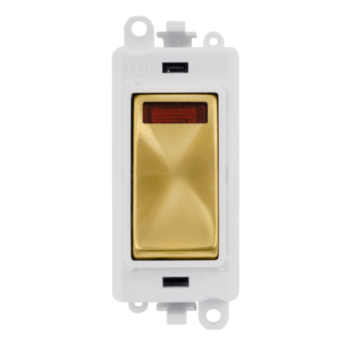 Scolmore GM2018NPWSB -  20AX Double Pole Switch With Neon Module - White - Satin Brass GridPro Scolmore - Sparks Warehouse