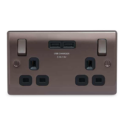 BG Nexus NBN22U3B Black Nickel 13A 2 Gang Switched Socket + USB - BG - sparks-warehouse