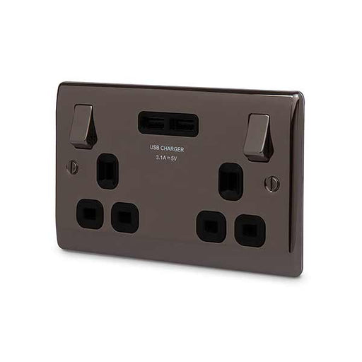 BG Nexus NBN22U3B Black Nickel 13A 2 Gang Switched Socket + USB BG Nexus Metal - Black Nickel BG - Sparks Warehouse