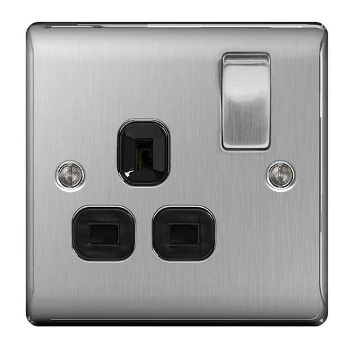 BG Nexus NBS21B Brushed Steel 13A 1 Gang Double Pole Switched Socket Black Surround - BG - sparks-warehouse