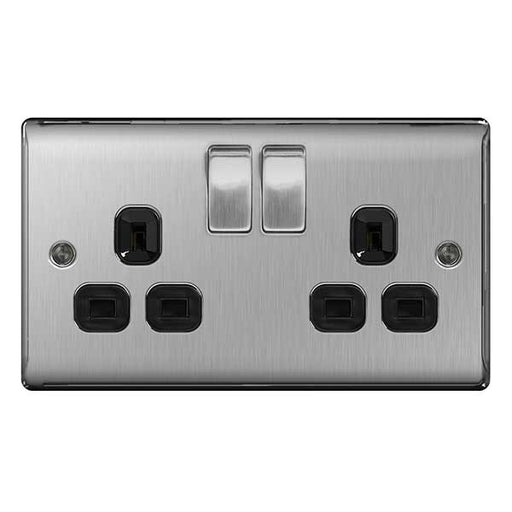 BG Nexus NBS22B 2 Gang Brushed Steel Socket - Black Inserts - BG - Sparks Warehouse