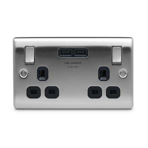 BG Nexus NBS22U3B Brushed Steel 13A 2 Gang Switched Socket + USB - Black Inserts - BG - sparks-warehouse