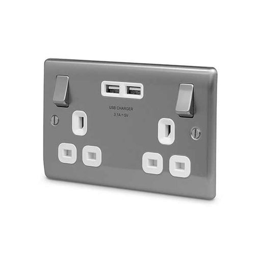 BG Nexus NBS22U3W Brushed Steel 2 Gang Switch Socket With USB Ports BG Nexus Metal - Brushed Steel BG - Sparks Warehouse