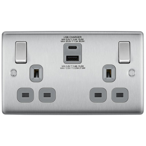BG Nexus NBS22UAC30G Brushed Steel 13A Switched USB Socket with Type A & Type C 4.2A BG Nexus Metal - Brushed Steel BG - Sparks Warehouse
