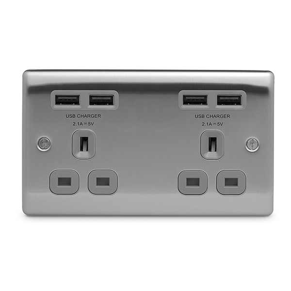 BG Nexus NBS24U44G 2G 13A Brushed Steel Socket 4 x USB 2.1A  Grey Inserts Socket BG - Sparks Warehouse