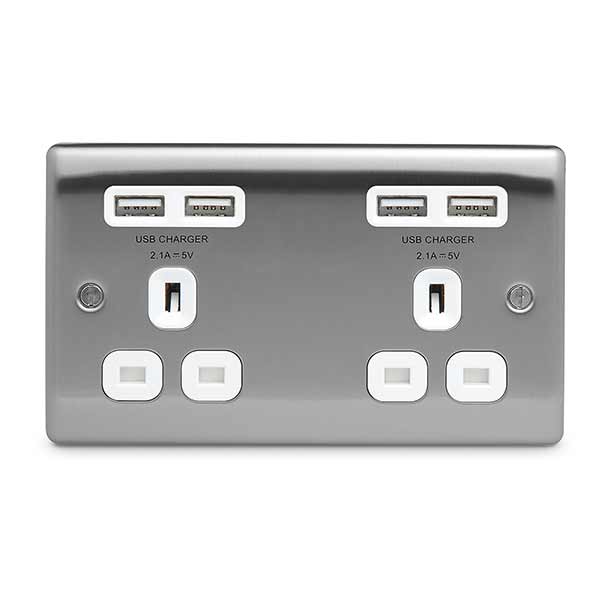 BG Nexus NBS24U44W Brushed Chrome 2G 13A Socket - 4 USB - White Inserts Socket BG - Sparks Warehouse