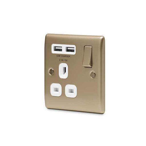 BG Nexus NPR21U2W Pearl Nickel 13A 1 Gang Socket with White Insert and 2 USB BG Nexus Metal - Pearl Nickel BG - Sparks Warehouse