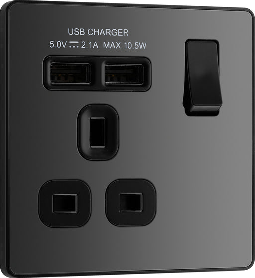 BG Evolve - PCDBC21U2B - Black Chrome (Black) Single Switched 13A Power Socket + 2 X USB (2.1A) BG - Evolve - Screwless Black Nickel BG - Sparks Warehouse