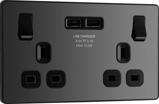 BG Evolve - PCDBC22U3B - Black Chrome (Black) Double Switched 13A Power Socket + 2 X USB (3.1A) BG - Evolve - Screwless Black Nickel BG - Sparks Warehouse