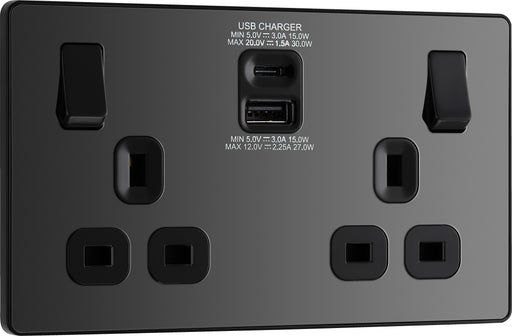 BG Evolve - PCDBC22UAC30B - Black Chrome (Black) Double Switched 13A Power Socket + USB C 30W + USB A (2.1A) BG - Evolve - Screwless Black Nickel BG - Sparks Warehouse