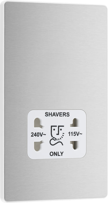 BG Evolve - PCDBS20W - Brushed Steel (White) Dual Voltage Shaver Socket 115/240V BG - Evolve - Screwless Brushed Steel BG - Sparks Warehouse
