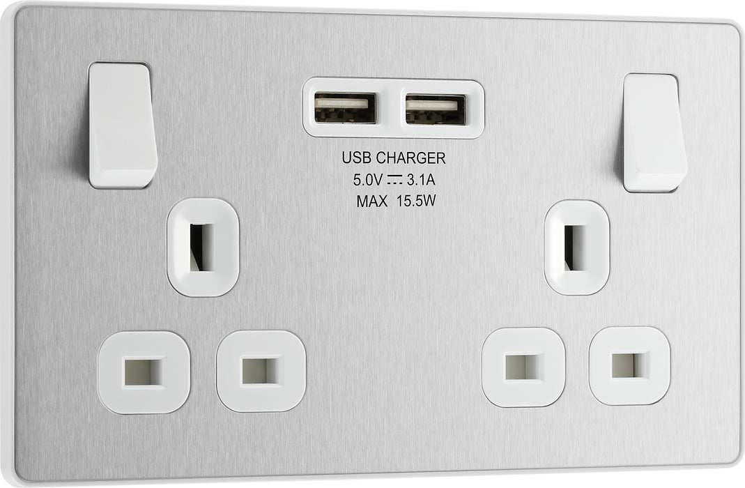 BG Evolve - PCDBS22U3W - Brushed Steel (White) Double Switched 13A Power Socket + 2 X USB (3.1A) BG - Evolve - Screwless Brushed Steel BG - Sparks Warehouse