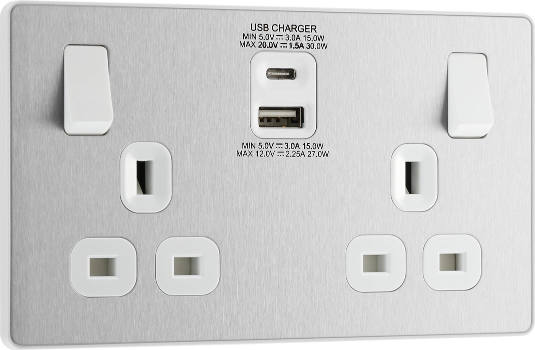 BG Evolve - PCDBS22UAC30W - Brushed Steel (White) Double Switched 13A Power Socket + USB C 30W + USB A (2.1A) BG - Evolve - Screwless Brushed Steel BG - Sparks Warehouse
