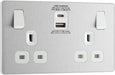 BG Evolve - PCDBS22UAC30W - Brushed Steel (White) Double Switched 13A Power Socket + USB C 30W + USB A (2.1A) BG - Evolve - Screwless Brushed Steel BG - Sparks Warehouse