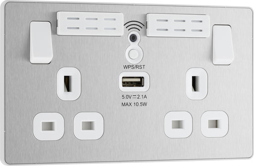BG Evolve - PCDBS22UWRW - Brushed Steel (White) WIFI Extender Double Switched 13A Power Socket + 1 X USB (2.1A) BG - Evolve - Screwless Brushed Steel BG - Sparks Warehouse