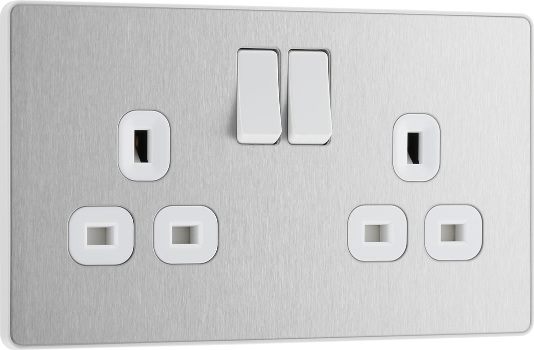BG Evolve - PCDBS22W - Brushed Steel (White) Double Switched 13A Power Socket BG - Evolve - Screwless Brushed Steel BG - Sparks Warehouse