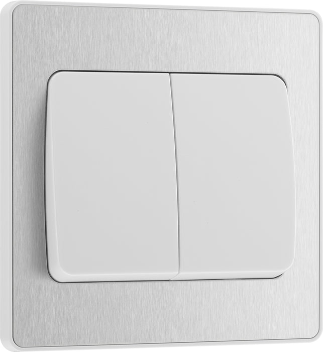 BG Evolve - PCDBS42WW - Brushed Steel (White) Double Light Switch, 20A 16AX, 2 Way, Wide Rocker BG - Evolve - Screwless Brushed Steel BG - Sparks Warehouse