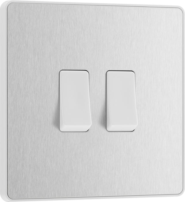 BG Evolve - PCDBS42W - Brushed Steel (White) Double Light Switch, 20A 16AX, 2 Way BG - Evolve - Screwless Brushed Steel BG - Sparks Warehouse