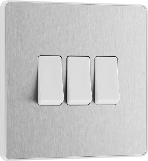 BG Evolve - PCDBS43W - Brushed Steel (White) Triple Light Switch, 20A 16AX, 2 Way BG - Evolve - Screwless Brushed Steel BG - Sparks Warehouse