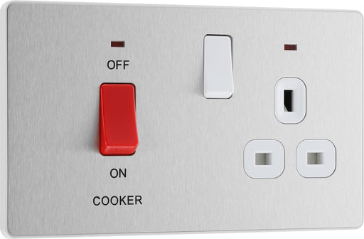BG Evolve - PCDBS70W - Brushed Steel (White) Cooker Control Socket, Double Pole Switch With LED Power IndicatorS BG - Evolve - Screwless Brushed Steel BG - Sparks Warehouse