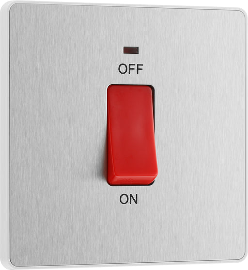 BG Evolve - PCDBS74W - Brushed Steel (White) 45A Square Switch, Double Pole With LED Power Indicator BG - Evolve - Screwless Brushed Steel BG - Sparks Warehouse