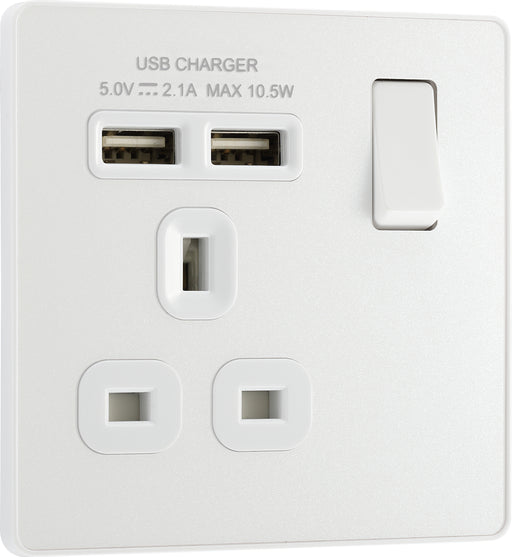 BG Evolve - PCDCL21U2W - Pearlescent White (White) Single Switched 13A Power Socket + 2 X USB (2.1A) BG - Evolve - Screwless Pearl White BG - Sparks Warehouse