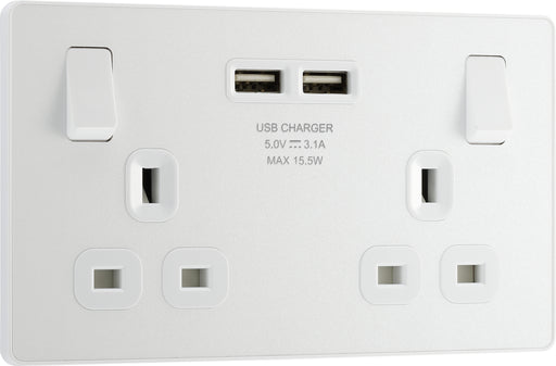 BG Evolve - PCDCL22U3W - Pearlescent White (White) Double Switched 13A Power Socket + 2 X USB (3.1A) BG - Evolve - Screwless Pearl White BG - Sparks Warehouse