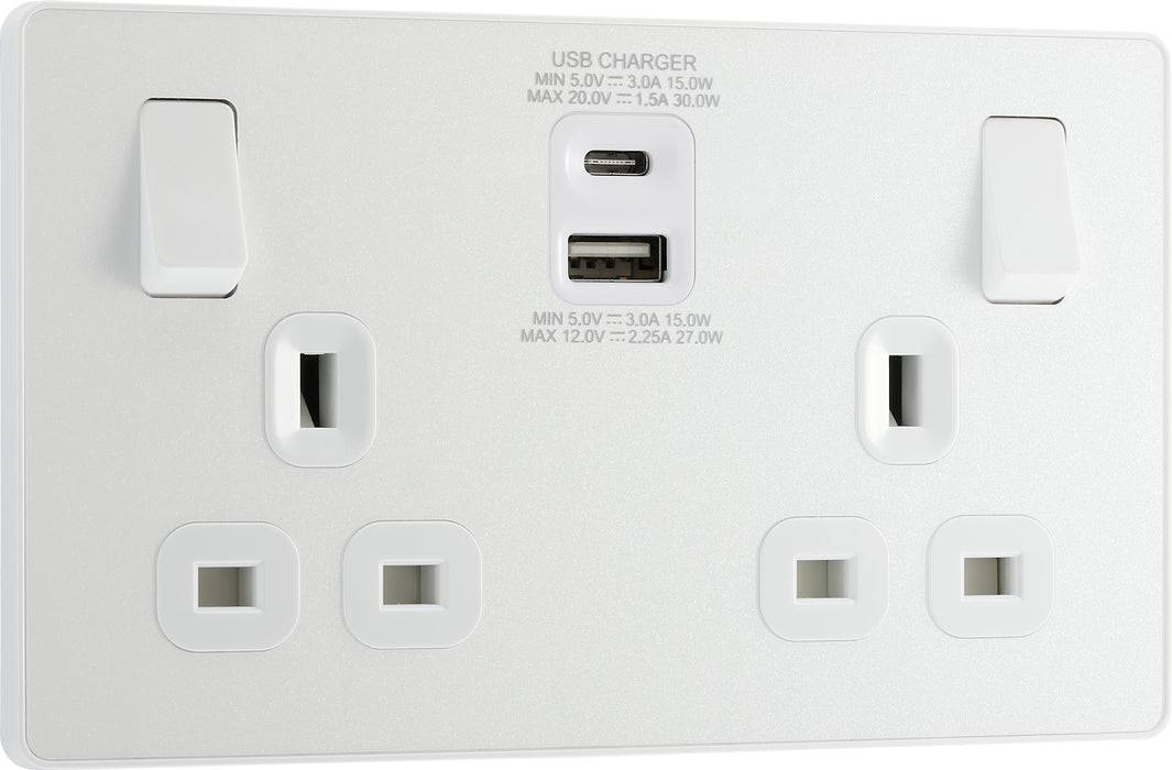 BG Evolve - PCDCL22UAC30W - Pearlescent White (White) Double Switched 13A Power Socket + USB C 30W + USB A (2.1A) BG - Evolve - Screwless Pearl White BG - Sparks Warehouse