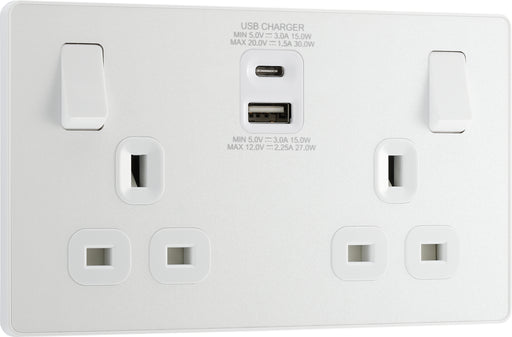 BG Evolve - PCDCL22UAC30W - Pearlescent White (White) Double Switched 13A Power Socket + USB C 30W + USB A (2.1A) BG - Evolve - Screwless Pearl White BG - Sparks Warehouse