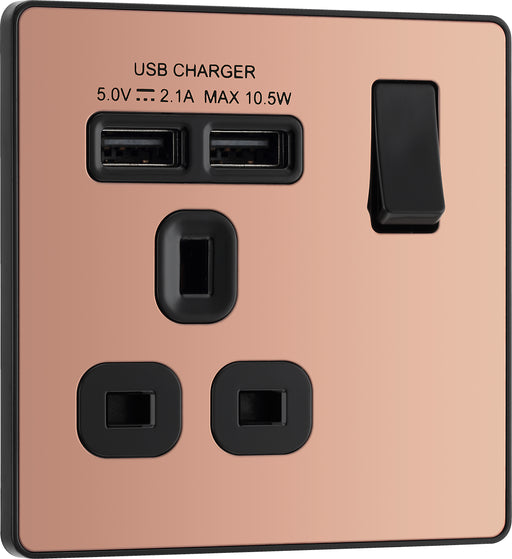BG Evolve - PCDCP21U2B - Polished Copper (Black) Single Switched 13A Power Socket + 2 X USB (2.1A) BG - Evolve - Screwless Polished Copper BG - Sparks Warehouse