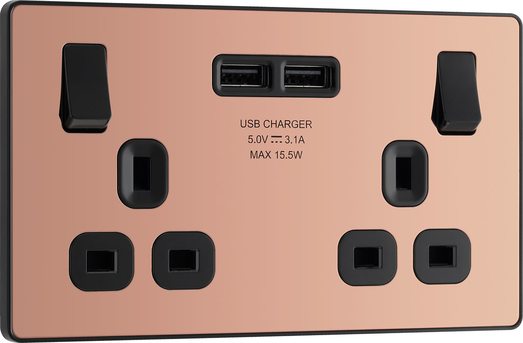 BG Evolve - PCDCP22U3B - Polished Copper (Black) Double Switched 13A Power Socket + 2 X USB (3.1A) BG - Evolve - Screwless Polished Copper BG - Sparks Warehouse