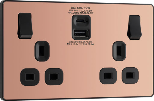 BG Evolve - PCDCP22UAC30B - Polished Copper (Black) Double Switched 13A Power Socket + USB C 30W + USB A (2.1A) BG - Evolve - Screwless Polished Copper BG - Sparks Warehouse