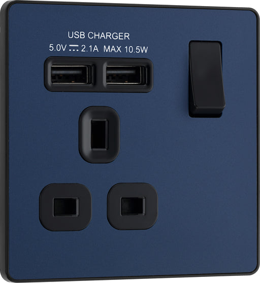 BG Evolve - PCDDB21U2B - Matt Blue (Black) Single Switched 13A Power Socket + 2 X USB (2.1A) BG - Evolve - Screwless Matt Blue BG - Sparks Warehouse