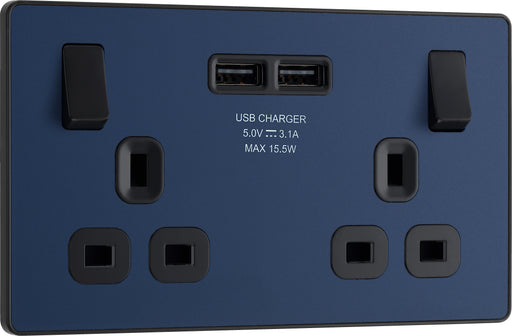 BG Evolve - PCDDB22U3B - Matt Blue (Black) Double Switched 13A Power Socket + 2 X USB (3.1A) BG - Evolve - Screwless Matt Blue BG - Sparks Warehouse