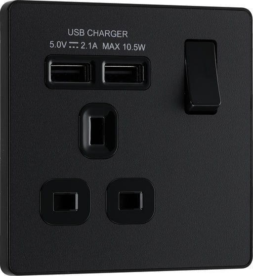 BG Evolve - PCDMB21U2B - Matt Black (Black) Single Switched 13A Power Socket + 2 X USB (2.1A) BG - Evolve - Screwless Matt Black BG - Sparks Warehouse