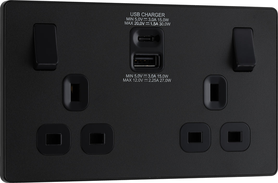 BG Evolve - PCDMB22UAC30B - Matt Black (Black) Double Switched 13A Power Socket + USB C 30W + USB A (2.1A) BG - Evolve - Screwless Matt Black BG - Sparks Warehouse