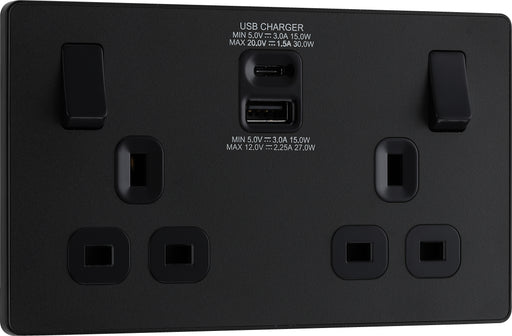 BG Evolve - PCDMB22UAC30B - Matt Black (Black) Double Switched 13A Power Socket + USB C 30W + USB A (2.1A) BG - Evolve - Screwless Matt Black BG - Sparks Warehouse