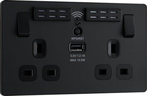 BG Evolve - PCDMB22UWRB - Matt Black (Black) WIFI Extender Double Switched 13A Power Socket + 1 X USB (2.1A) BG - Evolve - Screwless Matt Black BG - Sparks Warehouse
