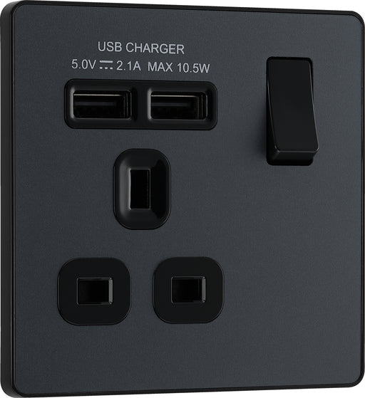 BG Evolve - PCDMG21U2B - Matt Grey (Black) Single Switched 13A Power Socket + 2 X USB (2.1A) BG - Evolve - Screwless Matt Grey BG - Sparks Warehouse